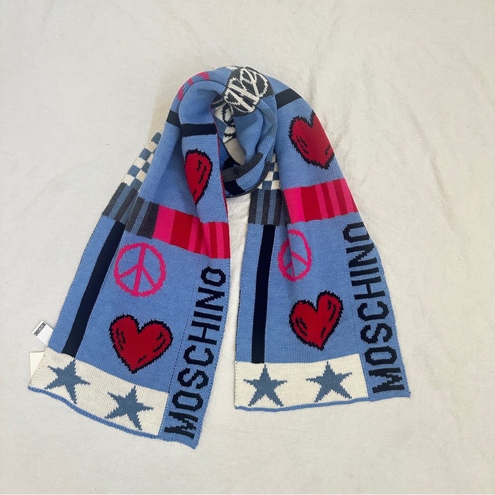 Moschino Vintage Wool Blend Heart Peace Scarf Made in Italy